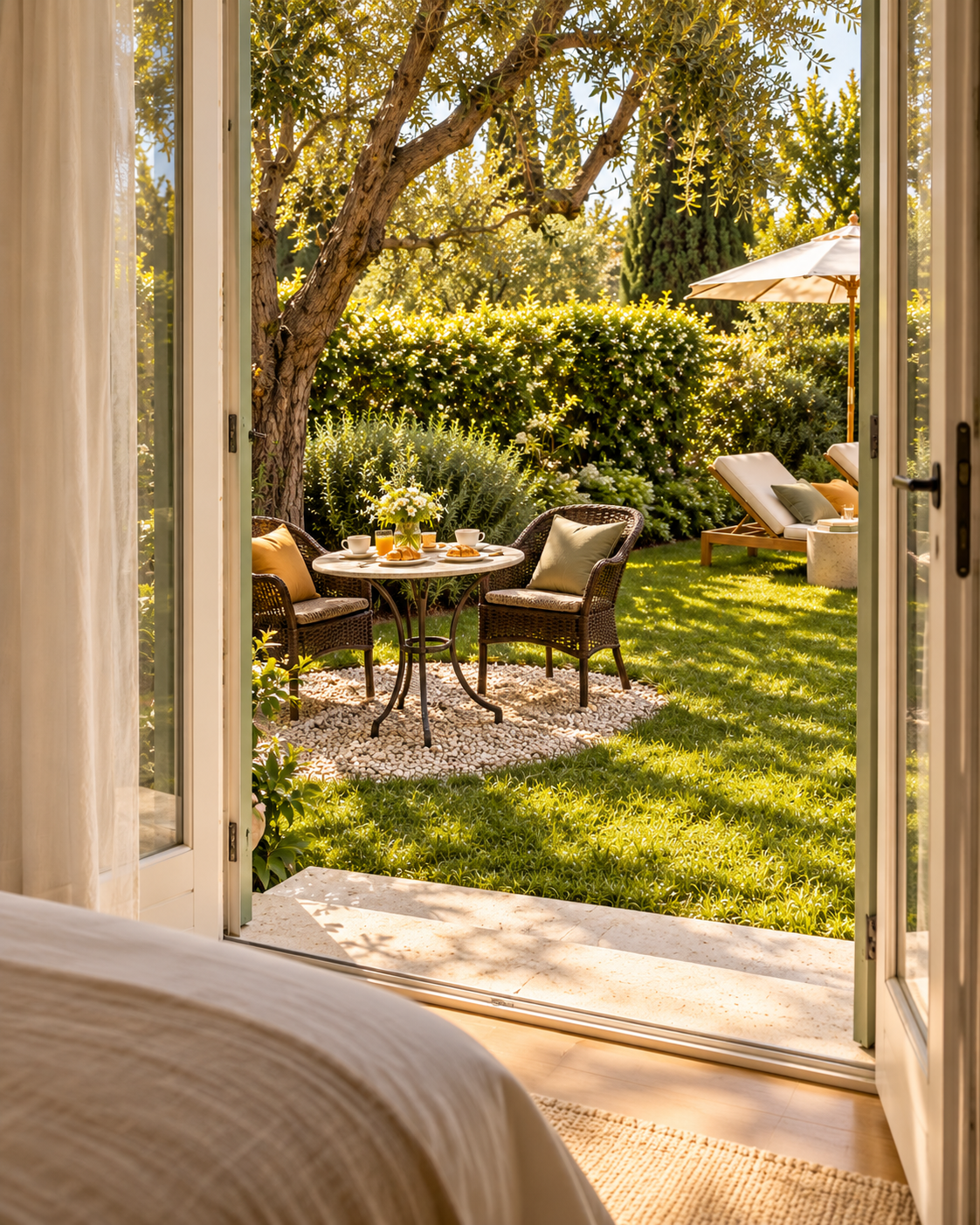 Vista dalla camera da letto sul giardino, con tavolino per la colazione, due sedie in vimini e un ulivo nella luce del mattino